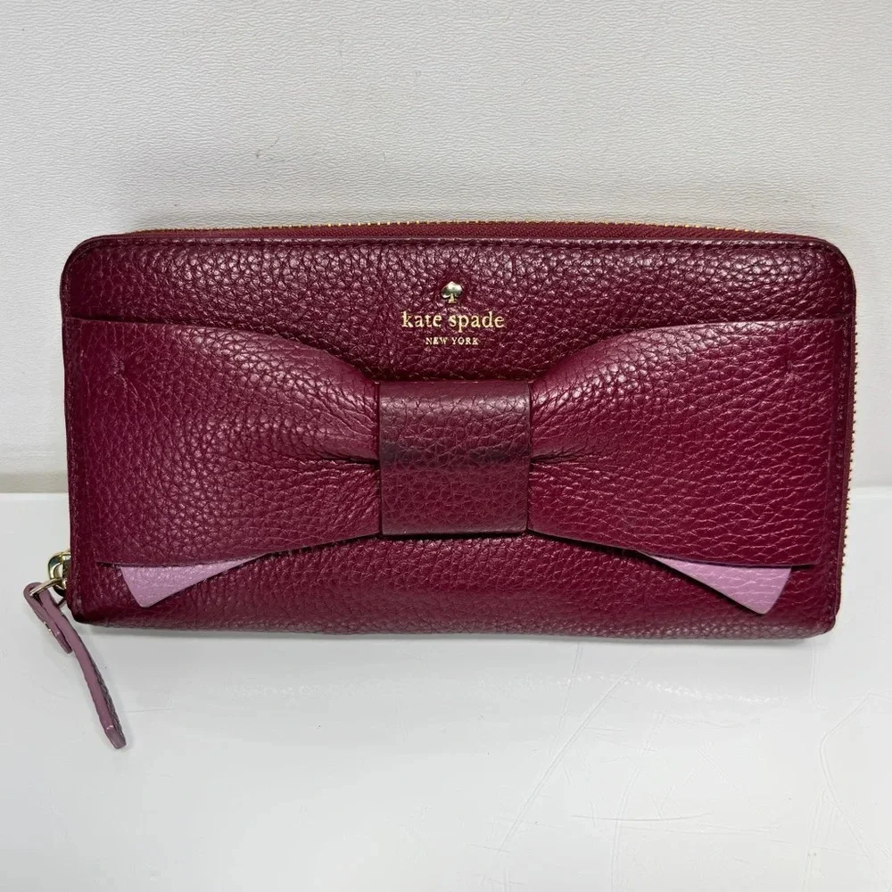 Kate Spade Eden Lane Lacey Zip Around Wallet Merlot Pebbled Leather Bow Accent